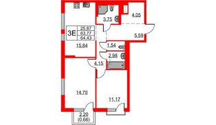 Квартира в ЖК «Невская долина», 2 комнатная, 64.43 м², 11 этаж