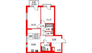 Квартира в ЖК «Невская долина», 2 комнатная, 64.43 м², 3 этаж