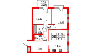 Квартира в ЖК «Невская долина», 2 комнатная, 51.91 м², 9 этаж