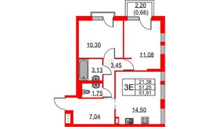 Квартира в ЖК Невская долина, 2 комнатная, 51.91 м², 11 этаж