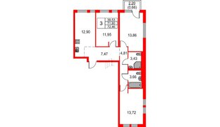 Квартира в ЖК Невская долина, 3 комнатная, 72.46 м², 10 этаж