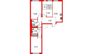 Квартира в ЖК Невская долина, 3 комнатная, 71.81 м², 1 этаж
