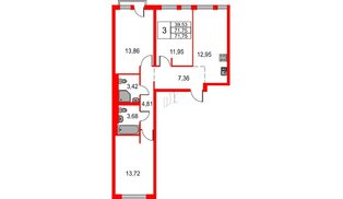 Квартира в ЖК Невская долина, 3 комнатная, 71.75 м², 14 этаж