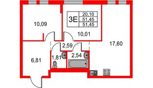 Квартира в ЖК Невская долина, 2 комнатная, 51.45 м², 5 этаж