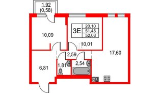 Квартира в ЖК Невская долина, 2 комнатная, 52.03 м², 7 этаж