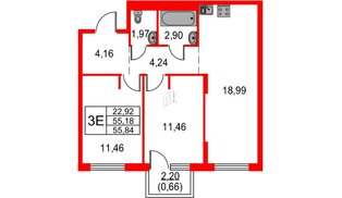 Квартира в ЖК Невская долина, 2 комнатная, 55.84 м², 6 этаж