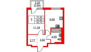 Квартира в ЖК Невская долина, 1 комнатная, 32.72 м², 2 этаж