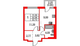 Квартира в ЖК «Невская долина», 1 комнатная, 32.72 м², 9 этаж