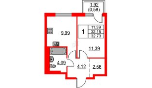 Квартира в ЖК «Невская долина», 1 комнатная, 32.73 м², 5 этаж
