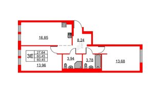 Квартира в ЖК Невская долина, 2 комнатная, 60.45 м², 4 этаж
