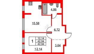 Квартира в ЖК Невская долина, 1 комнатная, 42.94 м², 1 этаж