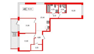 Квартира в ЖК А101 Всеволожск, 3 комнатная, 83.5 м², 1 этаж