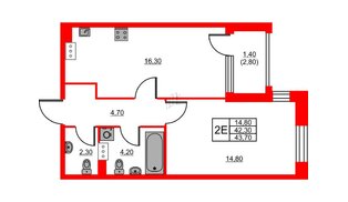 Квартира в ЖК Тайм Сквер, 1 комнатная, 43.7 м², 3 этаж