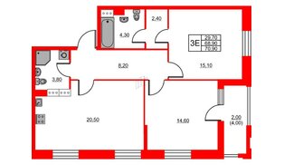 Квартира в ЖК Тайм Сквер, 2 комнатная, 70.9 м², 9 этаж