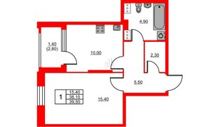 Квартира в ЖК Тайм Сквер, 1 комнатная, 39.5 м², 10 этаж