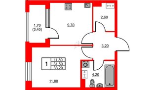 Квартира в ЖК Тайм Сквер, 1 комнатная, 33.2 м², 9 этаж