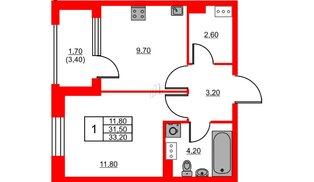 Квартира в ЖК Тайм Сквер, 1 комнатная, 33.2 м², 10 этаж