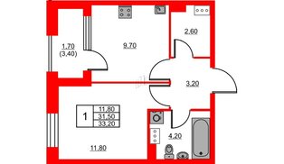 Квартира в ЖК Тайм Сквер, 1 комнатная, 33.2 м², 12 этаж