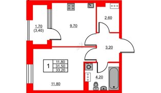 Квартира в ЖК Тайм Сквер, 1 комнатная, 33.2 м², 13 этаж
