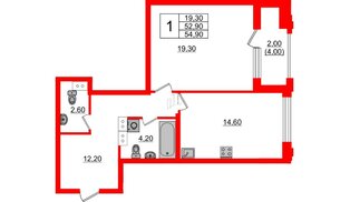 Квартира в ЖК Тайм Сквер, 1 комнатная, 54.9 м², 2 этаж