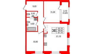 Квартира в ЖК Тайм Сквер, 2 комнатная, 61.1 м², 12 этаж