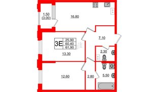 Квартира в ЖК Тайм Сквер, 2 комнатная, 61.9 м², 10 этаж
