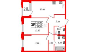 Квартира в ЖК Тайм Сквер, 2 комнатная, 61.9 м², 11 этаж