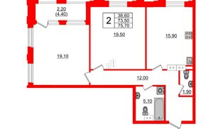 Квартира в ЖК Тайм Сквер, 2 комнатная, 75.7 м², 4 этаж