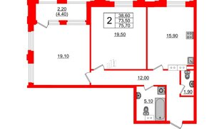 Квартира в ЖК Тайм Сквер, 2 комнатная, 75.7 м², 9 этаж