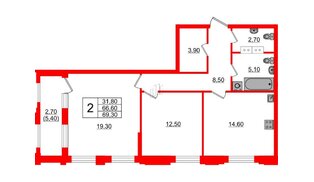 Квартира в ЖК Тайм Сквер, 2 комнатная, 69.3 м², 9 этаж