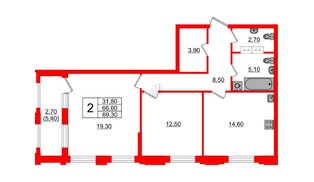 Квартира в ЖК Тайм Сквер, 2 комнатная, 69.3 м², 10 этаж