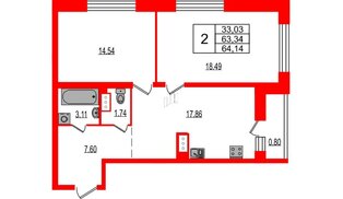 Квартира в ЖК Эко Гармония, 2 комнатная, 64.14 м², 3 этаж