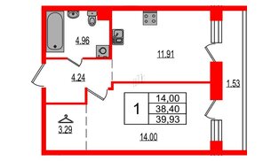 Квартира в ЖК «Эко Гармония», 1 комнатная, 39.93 м², 1 этаж