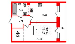 Квартира в ЖК «Эко Гармония», 1 комнатная, 39.32 м², 4 этаж