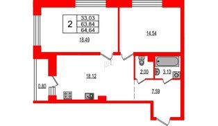 Квартира в ЖК Эко Гармония, 2 комнатная, 64.64 м², 1 этаж