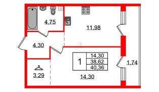 Квартира в ЖК Эко Гармония, 1 комнатная, 40.36 м², 1 этаж