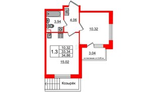 Квартира в ЖК Univer City, 1 комнатная, 32.6 м², 1 этаж