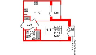 Квартира в ЖК «Дворцовый фасад», 1 комнатная, 31.9 м², 2 этаж