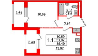 Квартира в ЖК «Дворцовый фасад», 1 комнатная, 31.5 м², 2 этаж