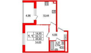 Квартира в ЖК «Дворцовый фасад», 1 комнатная, 32.6 м², 2 этаж