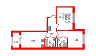 Квартира в ЖК «Дворцовый фасад», 2 комнатная, 51.44 м², 1 этаж