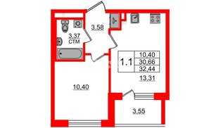 Квартира в ЖК «Дворцовый фасад», 1 комнатная, 30.5 м², 2 этаж