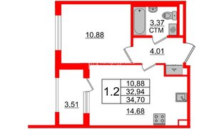 Квартира в ЖК «Дворцовый фасад», 1 комнатная, 32.3 м², 3 этаж