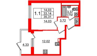 Квартира в ЖК «Дворцовый фасад», 1 комнатная, 33.14 м², 1 этаж