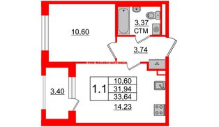 Квартира в ЖК «Дворцовый фасад», 1 комнатная, 31.8 м², 2 этаж