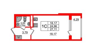 Квартира в ЖК «Дворцовый фасад», студия, 24.96 м², 3 этаж