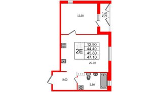 Квартира в ЖК «Дзета», 1 комнатная, 45.7 м², 6 этаж