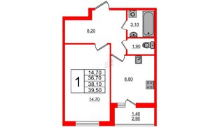 Квартира в ЖК «Дзета», 1 комнатная, 38.2 м², 2 этаж