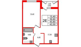 Квартира в ЖК «Дзета», 1 комнатная, 40.8 м², 2 этаж