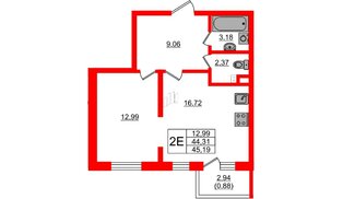 Квартира в ЖК «Новая история», 1 комнатная, 44.2 м², 2 этаж